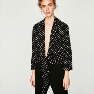 NWT Zara satin feel black and white polka dot tie blouse.
